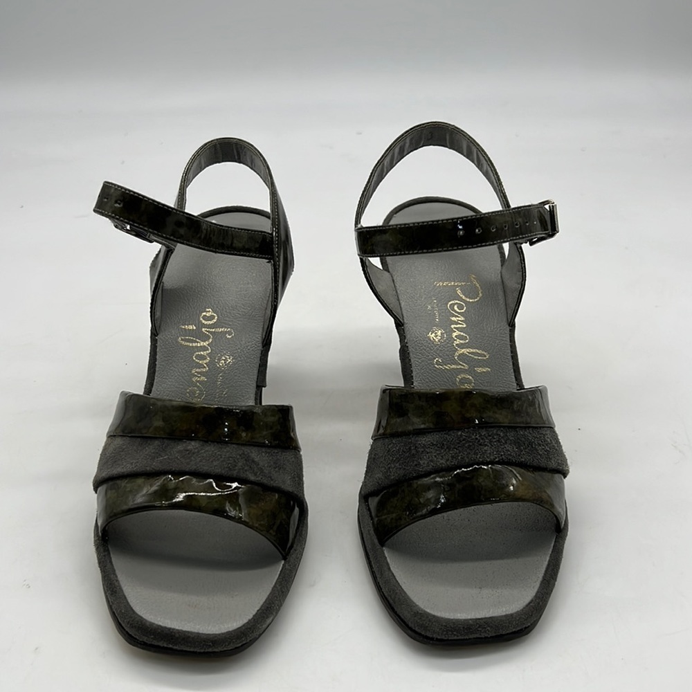 Penaljo Vintage Olive Green Patent Leather and Gray Suede Heels size 5.5